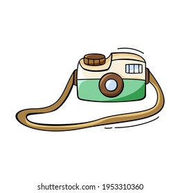 Hand drawn icon of camera in doodle style isolated on white background.