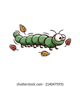 Hand drawn icon of caterpillar and leaves in doodle style isolated on white background.