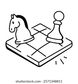 A hand drawn icon of a chess board with horse and pawn pieces 
