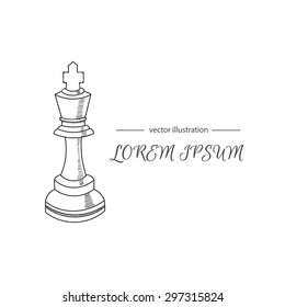 Hand drawn icon of chess king isolated on white background, vector illustration, logo design template. Modern linear branding element for chess clubs