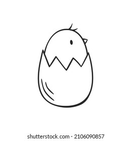 Hand drawn icon of chick in egg in doodles style isolated on white background.