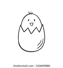 Hand drawn icon of chick in egg in doodles style isolated on white background.