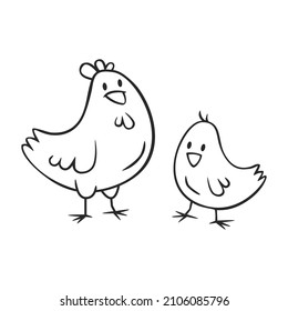 Hand drawn icon of chicken and chick in doodles style isolated on white background.