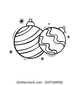Hand drawn icon of Christmas balls in doodle style isolated on white background.