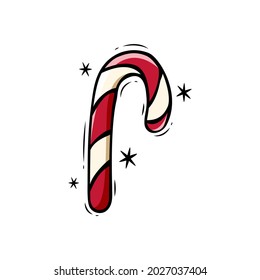 Hand drawn icon of Christmas candy cane in doodle style isolated on white background.