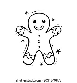 Hand drawn icon of Christmas gingerbread man in doodle style isolated on white background.