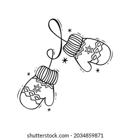 Hand drawn icon of Christmas mittens in doodle style isolated on white background.