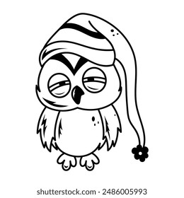 Hand drawn icon of christmas owl with santa hat 