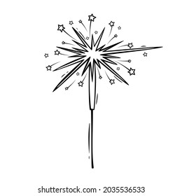 Hand drawn icon of Christmas sparklers in doodle style isolated on white background.