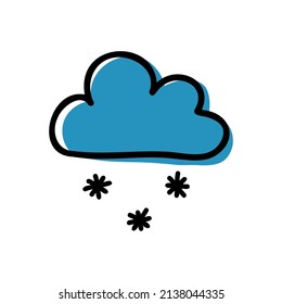 Icono dibujado a mano con nubes con copos de nieve, está nevando, pronóstico del tiempo