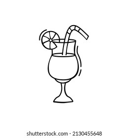 Hand drawn icon of cocktail in doodle style isolated on white background.