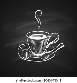 Hand Drawn Icon with Coffee Cup on Chalkboard. Sketch Coffee Illustration In Monochrome Style. Great for Label, Banner, Poster