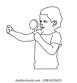 Hand Drawn icon of Cute little boy using magnifying glass looking for something on tree trunk, little boy studying the environment