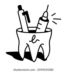 A hand drawn icon of dentist tools organize in tooth shape container 

