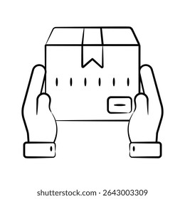 Icono dibujado a mano que representa la caja de entrega de paquetes protegida con las manos
