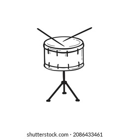 Hand drawn icon of drum in doodle style isolated on white background.
