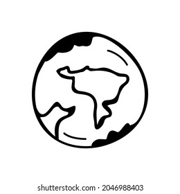 Hand drawn icon of Earth planet in doodle style isolated on white background.