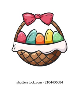 Hand drawn icon of Easter eggs in basket in doodle style isolated on white background. Happy Easter.