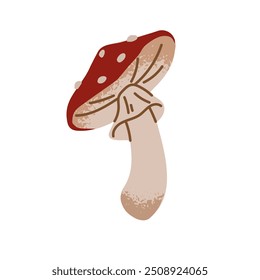 Ícone desenhado à mão de mosca agárico, amanita, toadstool. Cogumelo venenoso não comestível com tampa manchada de vermelho. Boleto venenoso, fungo. Planta da floresta outono. Ilustração de vetor isolado plano sobre fundo branco