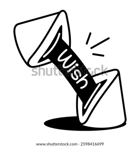 A hand drawn icon of fortune cookie with wish note 
