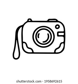 Hand drawn icon foto camera in doodle style isolated on white background. Design for greeting card, placard, invitation, poster, coloring book