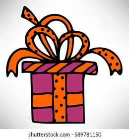 Hand drawn icon of gift with ribbons and bow isolated on white background. Colorful wrapped gift. Vector illustration.