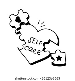 Hand drawn icon of a heart shaped puzzle with the words self care inside