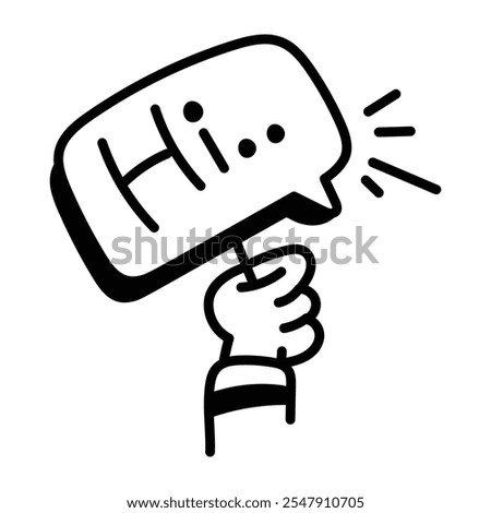 Hand drawn icon of a hand holding a speech bubble representing a chat

