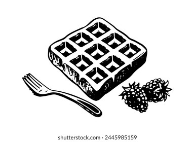 Hand drawn icon illustration in vector. Baked waffle with berries and fork. Isolated on white background.