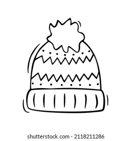 Icono dibujado a mano de sombrero de punto con pom en estilo doodles aislado en fondo blanco.
