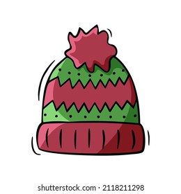 Hand drawn icon of knit hat with pom in doodles style isolated on white background.
