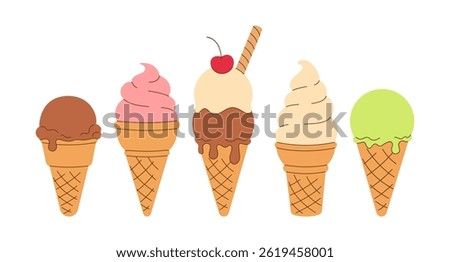 Hand drawn icon, logo of melted scoop of vanilla, classic creamy soft ice cream in waffle cone. Isolated on white background. Summer Creme Brulee, flavor. Minimalistic flat vector EPS10