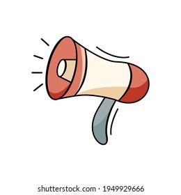Hand drawn icon of megaphone in doodle style isolated on white background.