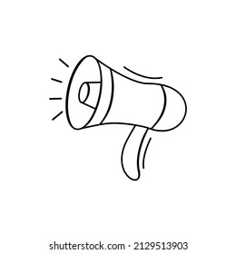 Hand drawn icon of megaphone in doodle style isolated on white background.