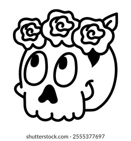 A hand drawn icon of mexican skull wearing flower headband
