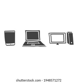 Hand drawn icon of mobile phone, laptop, and personal computer