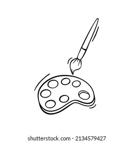 Hand drawn icon of paint palette and brush in doodle style isolated on white background.