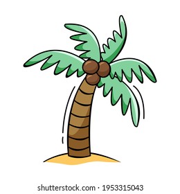 Hand drawn icon of palm tree in doodle style isolated on white background.
