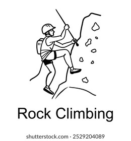 Hand drawn icon of a person rock climbing, wearing a helmet and harness and scaling a rocky cliff