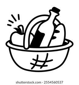 A hand drawn icon of picnic basket full of food items 
