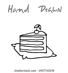 hand drawn icon of a piece of cake with a cherry on top lies on a paper napkin (PLATE). VECTOR SKETCH piece of CHERRY CAKE