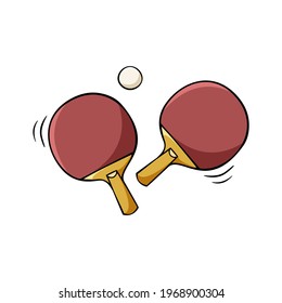 Hand drawn icon of ping pong rackets and ball in doodle style isolated on white background.