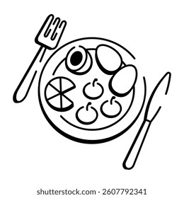 A hand drawn icon of a plate with fork and knife depicting dinner 
