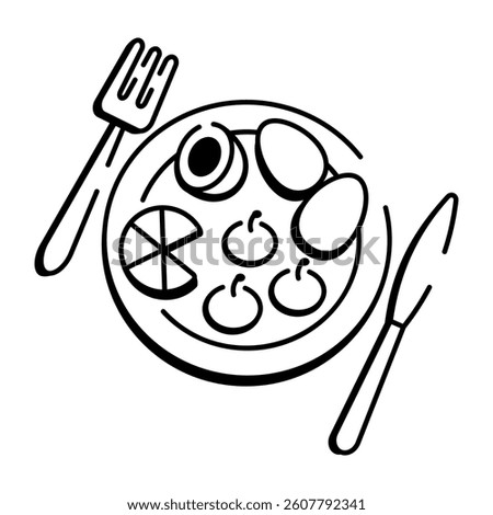 A hand drawn icon of a plate with fork and knife depicting dinner 
