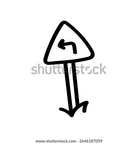 The hand drawn icon presents a triangular road sign with an arrow indicating a left turn. Vector style, simple design using only a black line