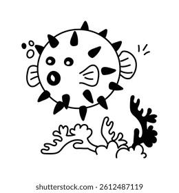 Hand drawn icon of puffer fish in modern style