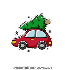 Icono dibujado a mano de coche rojo con árbol de Navidad en estilo doodle aislado en fondo blanco.