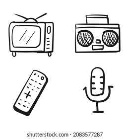 Hand Drawn Icon Retro TV, Tape Recorder, Microphone In Doodle Style Isolated.