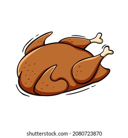 Hand drawn icon of roast turkey or grilled chicken in doodle style isolated on white background.