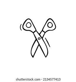 Hand drawn icon of scissors in doodle style isolated on white background.